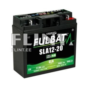 The FULBAT SLA12-20 battery is black with a front display featuring the logo and technical specifications. One side has red and black terminal connectors.