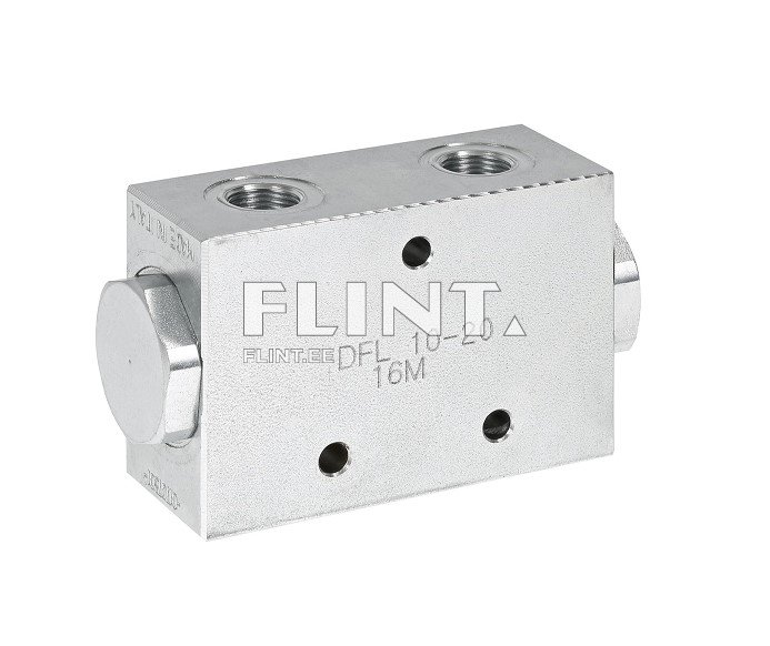 Kroomitud metallist ventiil, millel on kaks keermestatud ava. Ühel küljel on reguleerimisseade ja teisel küljel on kaks väikest avause kohta.