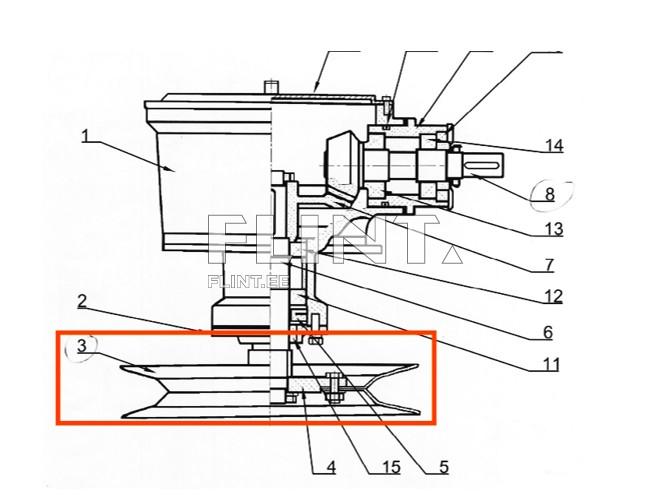 The image depicts a technical drawing of a mechanism with a clearly visible part highlighted by a red box at the center. The upper section includes connections for the motor and other components.