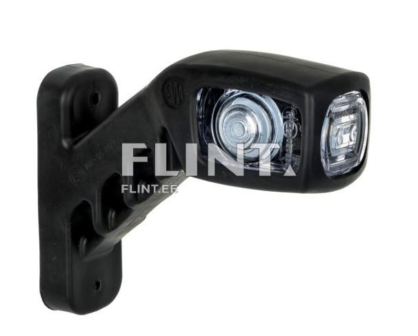 Mustast plastmaterjalist latern, millel on kaks selgelt eristuvat ümarat objektiivi, kinnitatud seinale. Laterna keha on kaldu, et suunata valgust alaspidi.