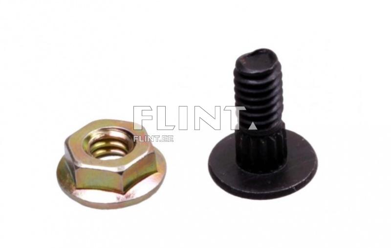 The image shows two fastening components: a gold-colored metal nut and a black plastic screw. The nut has six sides with a threaded hole, while the screw features a ribbed texture and a flat, wide head.