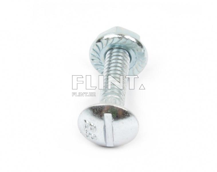 A silver screw with a flat head and threaded shaft. The screw is positioned horizontally against a white background.