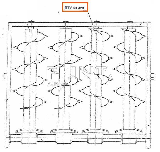 Joonis kujutab edasi 9 pöörlevat erilist komponenti, millel on spiraalsed lehtrid. Komponendid on paigutatud üksteise kõrvale ja koosnevad kahest peamisest õlavarre tüübist. Ülal on toode tähistatud numbriga PTU 09.420.