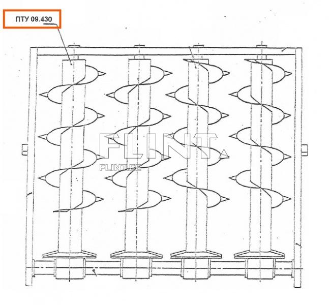 Joonis näitab viit spiraalset konveierit, mis on paigutatud ritta. Nende all on tasased alused, mis toetavad konveiereid.