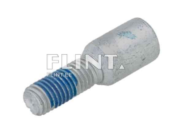 A metallic screw with blue thread.