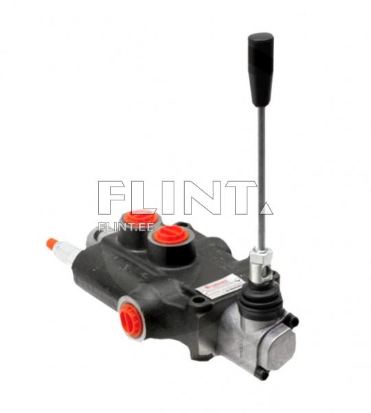 The product image shows a hydraulic valve with two red buttons and a long lever. The body of the valve is black with a silver metallic part, and there are visible connections on the sides.