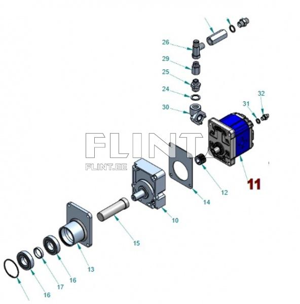 The image features a dynamic diagram of components, including a motor and various fittings. In the foreground, there is one main component, which is blue and square-shaped, surrounded by numbered parts labeled up to 32, including nuts and seals. The components are arranged in a single plane to illustrate their connections.