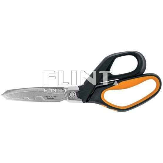 A pair of scissors featuring a black and orange handle. The blades are metallic and smooth.