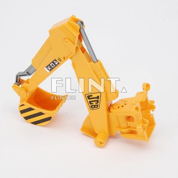 The product features a yellow miniature excavator with a structural arm and a digging bucket marked with black stripes. Additional details are clearly visible, including labels and mechanisms that enhance the simulation.