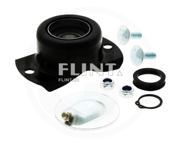 A mount for a bearing featuring a circular design with a recessed center. Accompanied by six screws and four nuts for installation.
