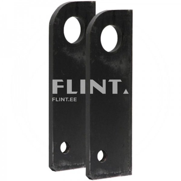 Kaks musta metallist raudtükki, millel on ümarad augud üla- ja alumises osas. Tükid on paralleelsed ja nende servad on siledad.