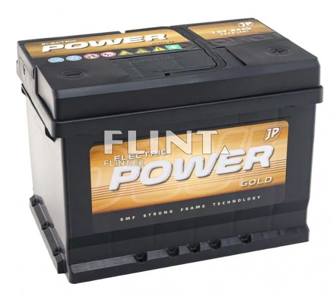 A battery designed for electric energy storage, featuring a plastic cover. The front label displays yellow and white text indicating the product name "ELECTRIC POWER GOLD."