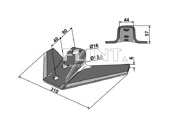 Toode on metallist ja sellel on kaks osa: peamine tugi on laiem ja V-kujuline, mille mõõtmed on 310 mm, 60 mm ja 40 mm. Sellel on kolm puuritavat ava läbimõõduga 16 mm ja 13,5 mm. Ülemine osa on väiksem ja ümar, mõõtudega 44 mm ja 57 mm.