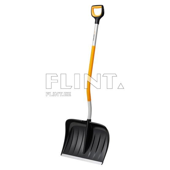 The shovel has a wide, rounded black blade at the bottom. The handle is orange with a soft grip for comfort.