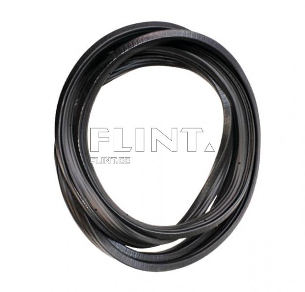A flexible black rubber strip coiled in a circular shape with a smooth surface and defined edges.