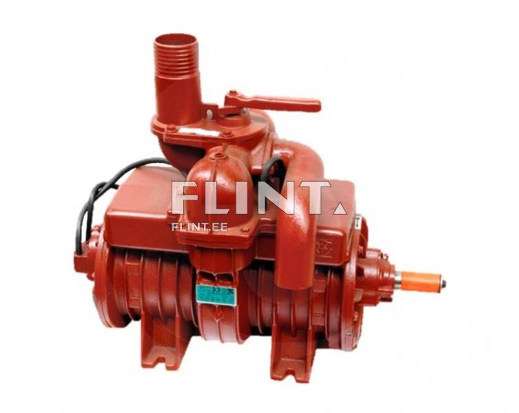 A red pump characterized by curved hoses and levers, positioned horizontally. It features an upper pipe and various mechanisms that suggest its functional properties.