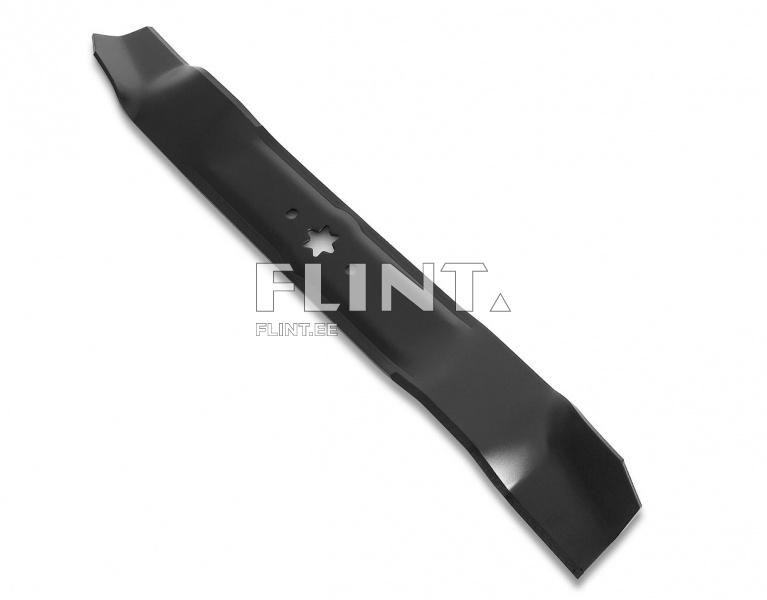 A black steel lawn mower or garden tool blade featuring a hexagonal hole in the center. The blade tips are angled to enhance cutting efficiency.