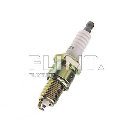 The image features a spark plug with a metallic base and a white ceramic insulator. The top has a small black terminal designed for ignition.