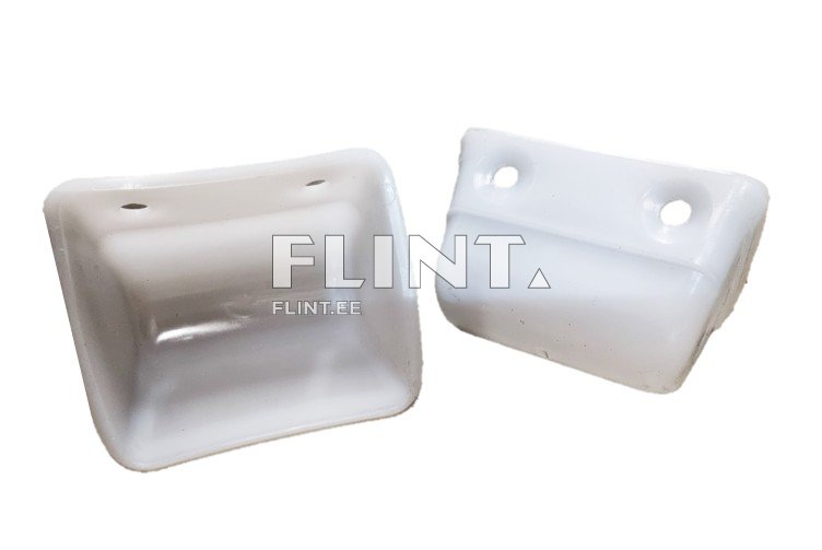 Kaks valget plastist detaili, millel on kumer pind ja kaks paigaldusava ülemises osas.