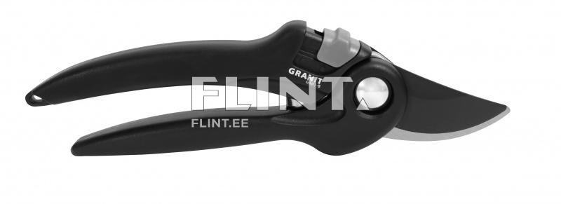A pair of pruning shears with a sharp metal blade and a black plastic handle designed for comfort. The tool features an ergonomic grip for easy handling.