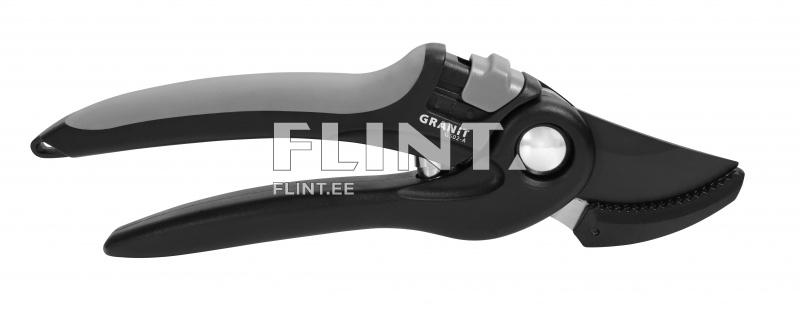 The product is a pair of pruning shears with black and gray handles. The sharp cutting blade is black.