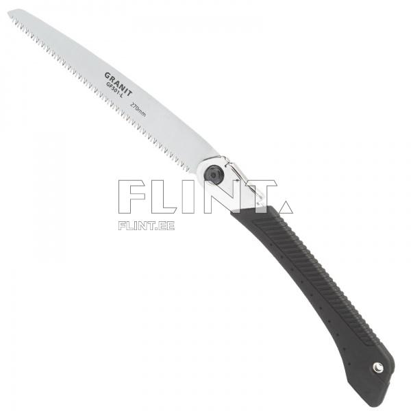 A saw with a 270 mm long blade featuring sharp teeth and a black rubber grip handle. The blade is silver and indicates robust quality.