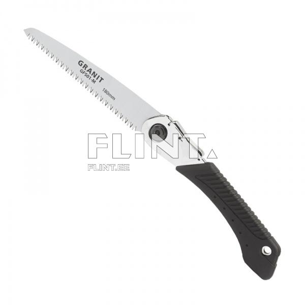 Folding saw designed for cutting, featuring a sharp, serrated blade that is 180 mm long. The handle is black and made of rubber for a comfortable grip.
