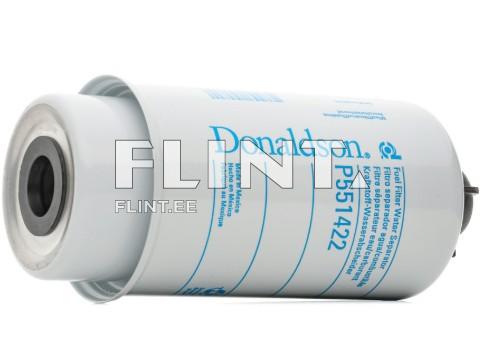 A white filtering device with a clearly visible brand name Donaldson and model number P551422. The device is cylindrical and has two different ends.