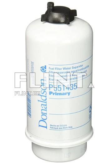 A white fuel filter water separator with a black cap on top. The product code P551435 is printed on the label. The bottom section is slightly wider and rounded.