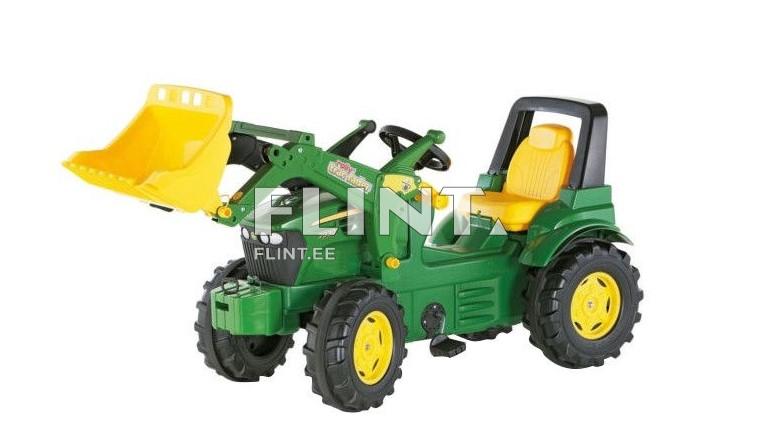 A green toy tractor with a yellow two-seat and a front loader. The tractor features black wheels with a deep tread pattern.