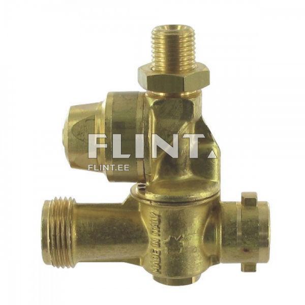 A brass valve with three connections, including two threaded ends and one tapered fitting, designed for fluid control.
