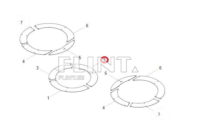Joonis kujutab kolme ümmargust elementi, millel on erinevad lõiked ja nummerdatud osad. Keskmine element on tähistatud punase ringiga numbriga kaks. Ülemine ja alumine element on jagatud neljaks sektsiooniks.