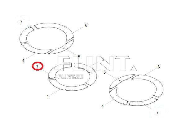 Toode sisaldab kolm ringikujulist elementi, mis on erineva suurusega ning paigutatud üksteise kõrvale. Elementide sees on avad, mis võimaldavad ribade ühendamist. Üks element on punase ringiga tähistatud.
