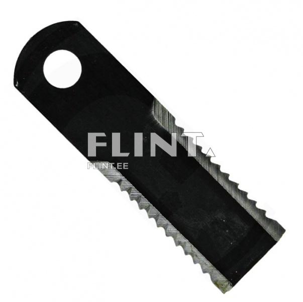 A black cutting tool made of steel featuring a serrated edge and a circular hole at one end.