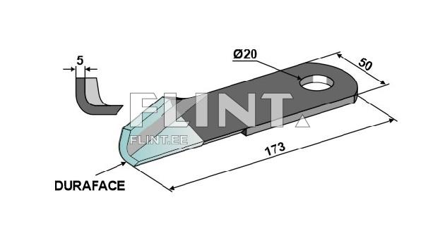 The product is a metal component with a blue surface, featuring a rounded hole and dimensions of 173mm x 50mm. The hole has a diameter of 20mm and the corner section is 5mm deep.