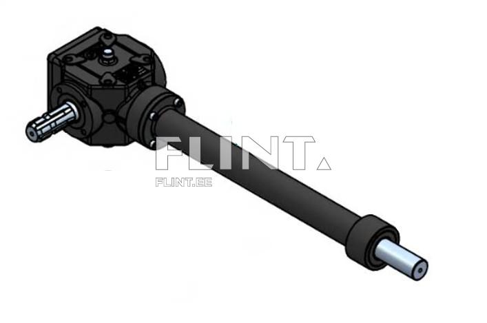 The product is a black gear transmission mechanism with a square housing and a metal shaft. One end features a keyed drive and the other end has a smooth metal shaft.