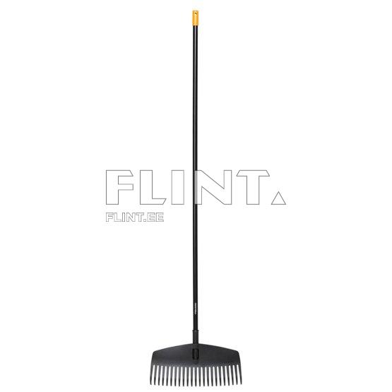 A black rake with a long handle and a bright-colored grip, designed for gathering leaves and grass.