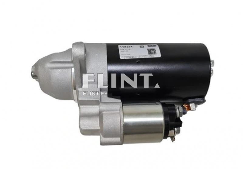 The product is a starter motor with a black and silver color scheme. The top part is black with a label, while the bottom part is silver and includes electrical components.