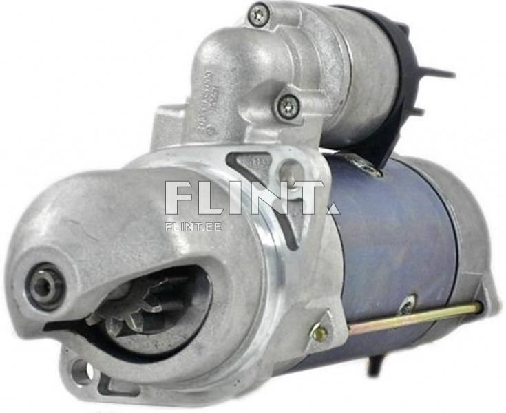 The product is an engine starter with a metallic housing and a cylindrical section. The starter features a round end containing a gear. The upper part is equipped with a connection and a small feature indicating its operational functionality.