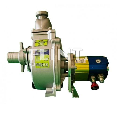 The image shows a water pump with a steel housing and multiple joints. It features an electric motor painted blue and yellow, along with a red adjustment knob. A connection fitting is visible on the left side, where a hose can be attached.