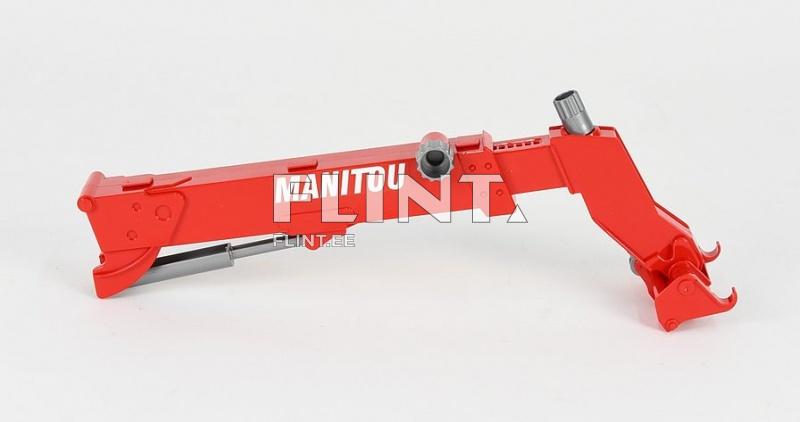 A red Manitou console featuring a claw and adjustable parts. It showcases several mechanisms, including lowering capabilities.