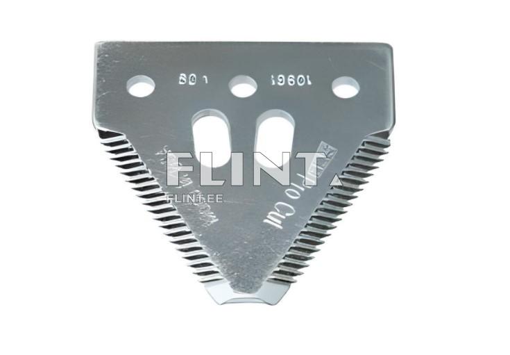 A triangular cutting blade made of steel, featuring eight small teeth on one side and two mounting holes.