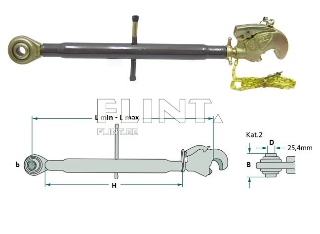 Pildil on metallist lüli, mille ühel küljel on silindriline kinnitus ja teisel küljel konks. Lüli pikkus on määratud mõõtudega, millel on minimaalsed ja maksimaalsed väärtused. Näidatakse ka kõrvutise mustri ja erinevate elementide mõõtmeid.