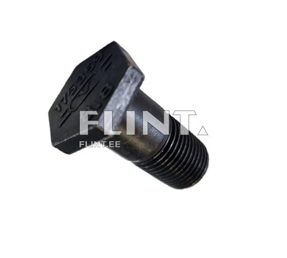 A black metal hex bolt with a marked top and a threaded shaft.