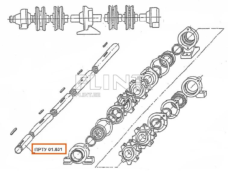 The image features various engine components, including a crankshaft and several parts arranged in line. A notable element marked 'ПРТУ 01.631' is positioned on the lower row.