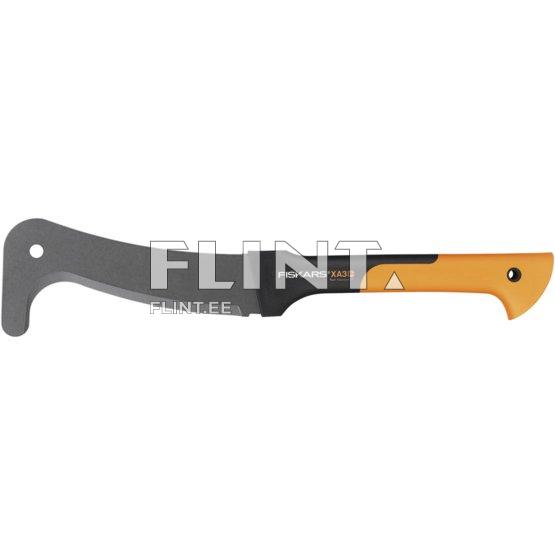 The blade is curved with a black finish, and the handle is orange and black. There is a hole at the tip of the blade that may assist in hanging the tool.