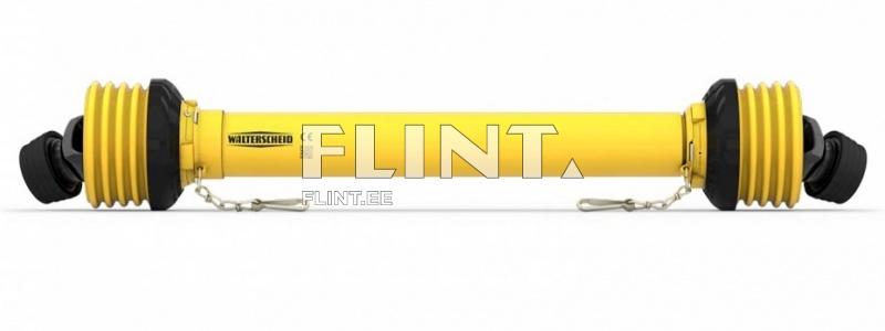 The product is a long yellow tube with black ends. Each end has rubber rings reinforced with a fastening chain. The center of the tube features logos and certifications.