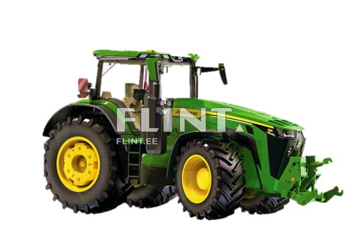 The tractor is green and yellow with large black tires. The manufacturer name 'John Deere' is visible on the side panel. There is a hitch in front suitable for attaching implements.