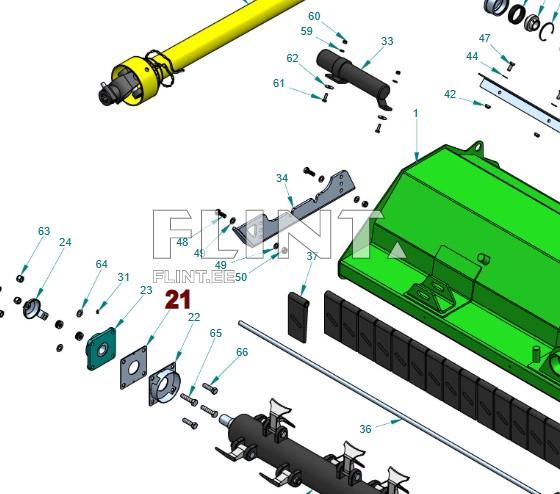 A yellow tube with a black hub mechanism is positioned in the upper left of the image. In the center, there is a green casing with attachment points and a curved shape. At the bottom, various steel components are displayed, including rods and bolts.