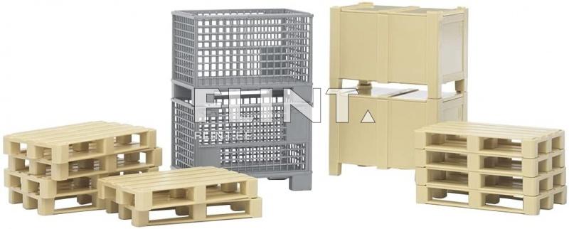 The image features various plastic crates and pallets. A gray crate is stacked on two beige crates with an open design. Four beige pallets are positioned at the bottom, with two stacked and two placed horizontally.